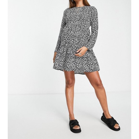 ASOS DESIGN Maternity Long Sleeve Tiered Mini Dress Mono Animal Print size 6 - Picture 1 of 11